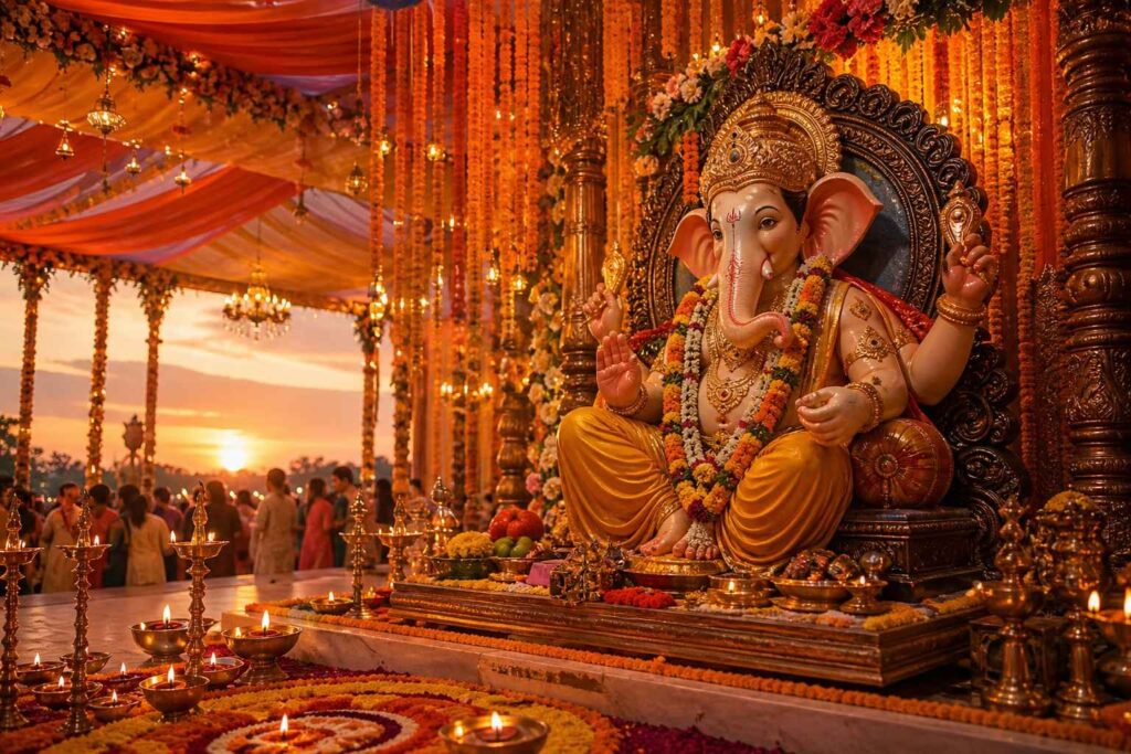 Ganesh Chaturthi 2026 decorated pandal with clay Ganesha idol surrounded by marigold garlands and diyas