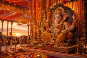 Ganesh Chaturthi 2026 decorated pandal with clay Ganesha idol surrounded by marigold garlands and diyas