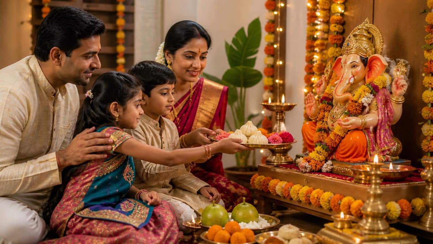 Indian family performing Ganesh Chaturthi puja at home offering modak and flowers to clay Ganpati idol