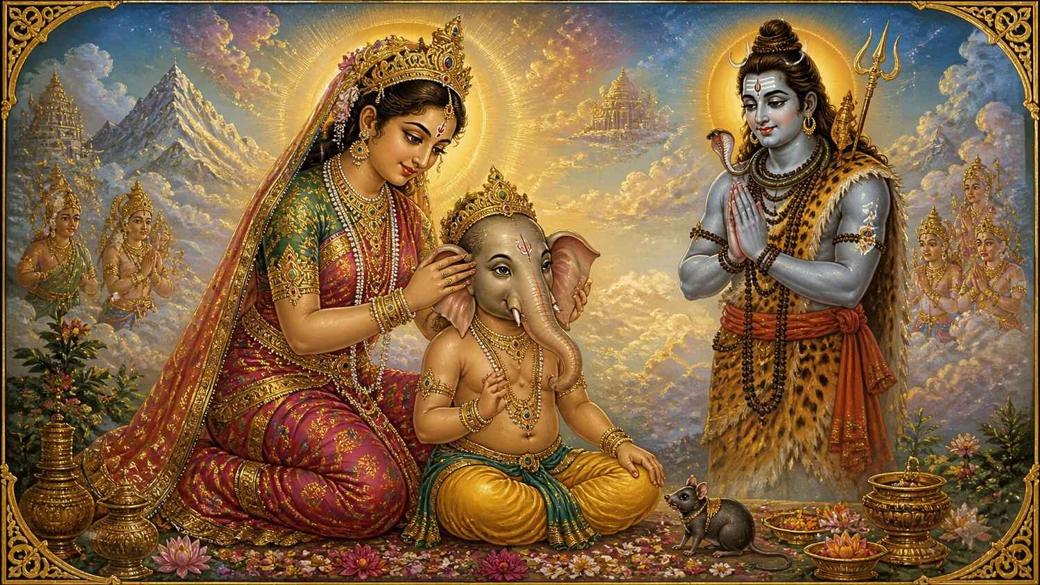 Hindu mythology painting showing Goddess Parvati and Lord Shiva with Lord Ganesha elephant head origin story