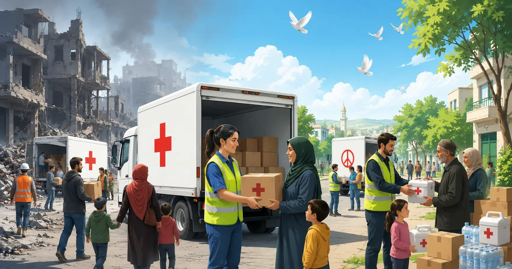 Humanitarian aid trucks distributing supplies during a global ceasefire on International Day of Peace.
