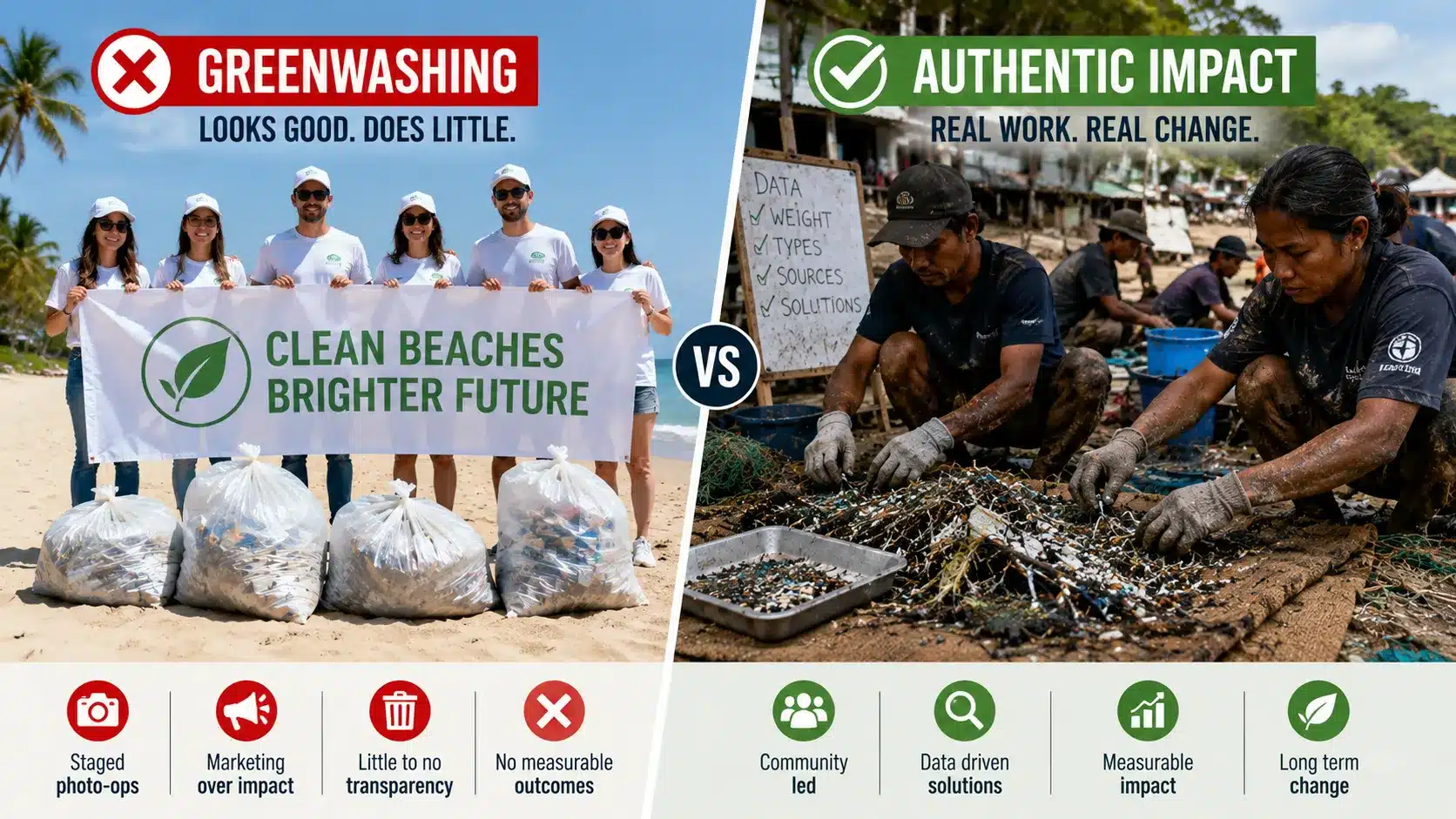 Infographic-style contrast between corporate greenwashing and authentic community-led marine conservation.