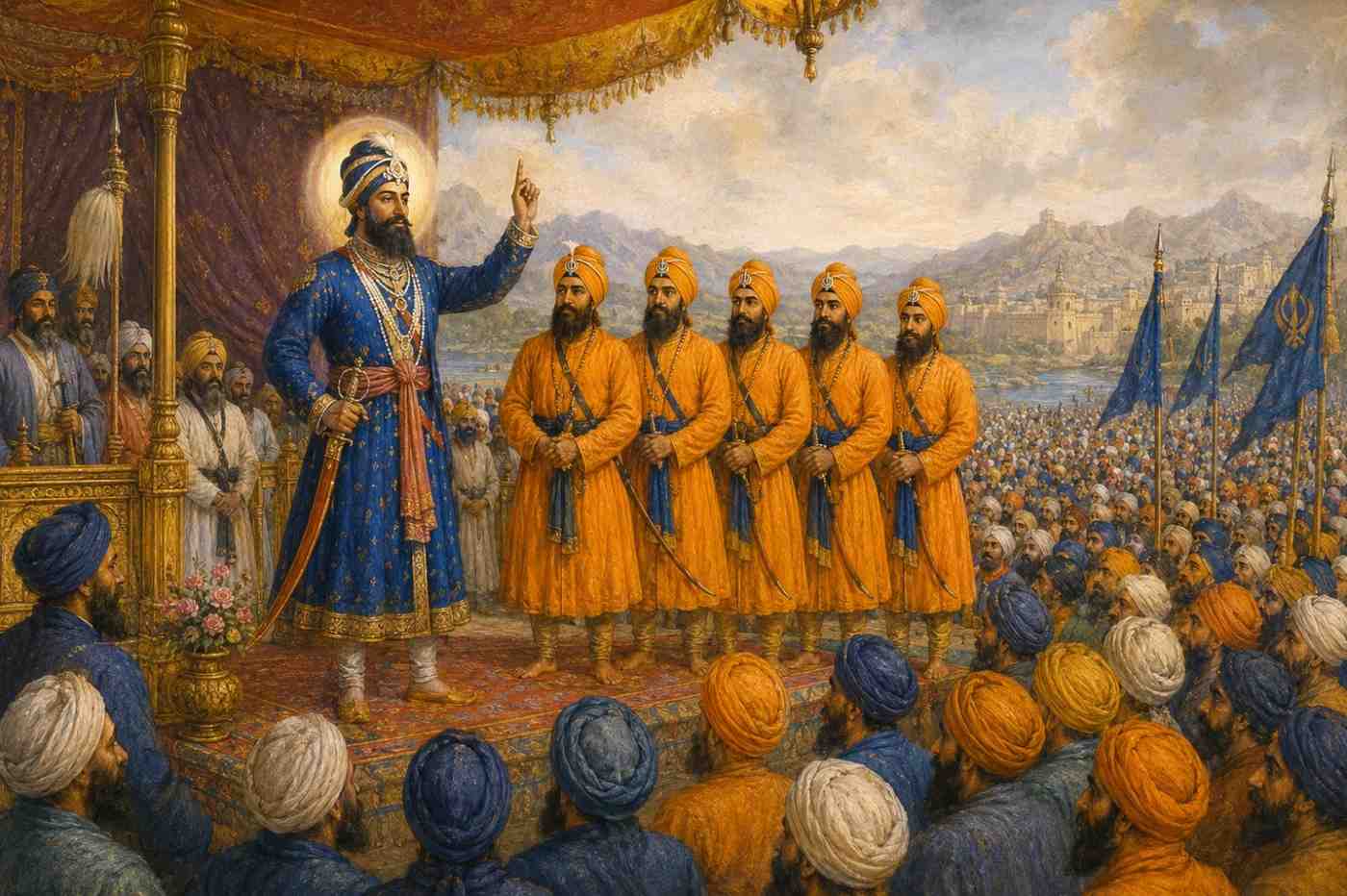 Guru Gobind Singh founding the Khalsa Panth on Baisakhi 1699 at Anandpur Sahib