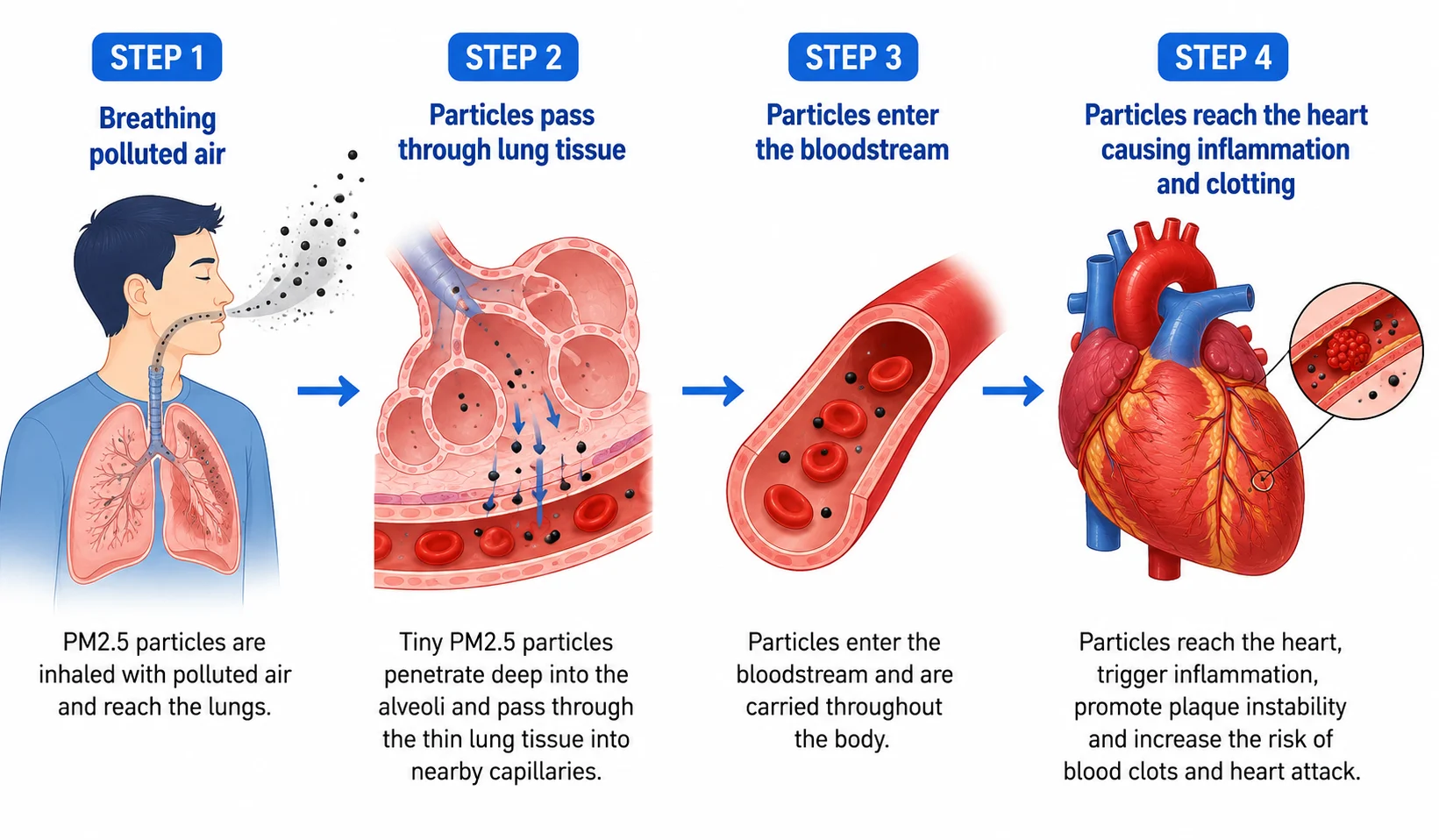 Diagram showing how air pollution particles enter lungs and travel through bloodstream to the heart