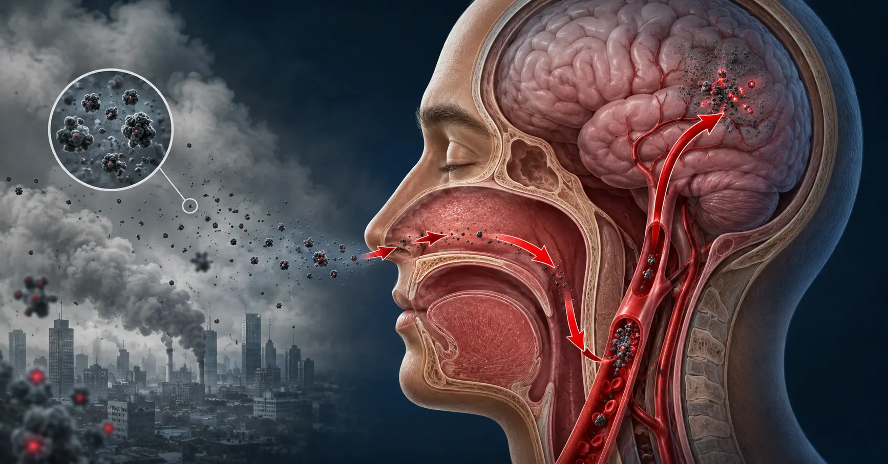 Diagram showing how PM2.5 air pollution particles travel from polluted air through the nose and bloodstream into the human brain