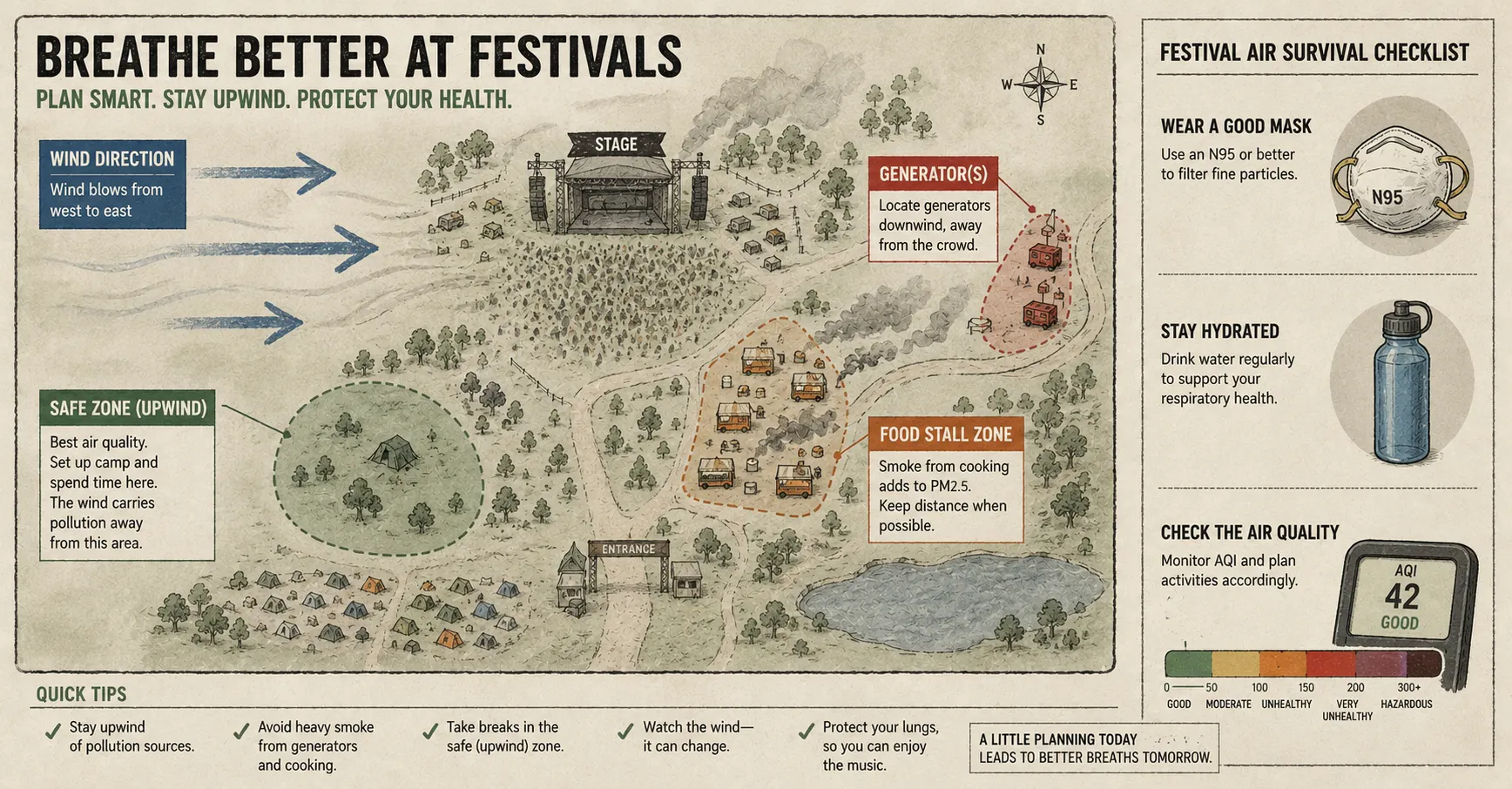 Festival map infographic showing safe standing zones away from generators and food stalls with N95 mask and AQI tips for reducing air pollution exposure