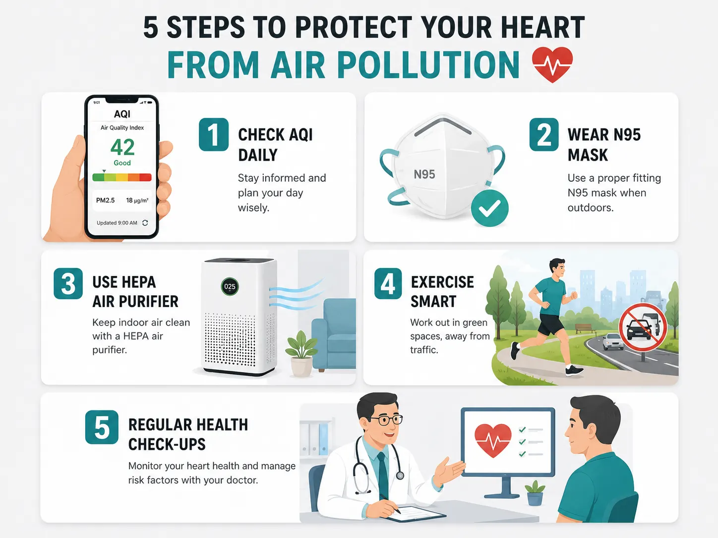 Visual guide showing 5 ways to reduce heart attack risk from air pollution including N95 mask HEPA purifier and AQI check