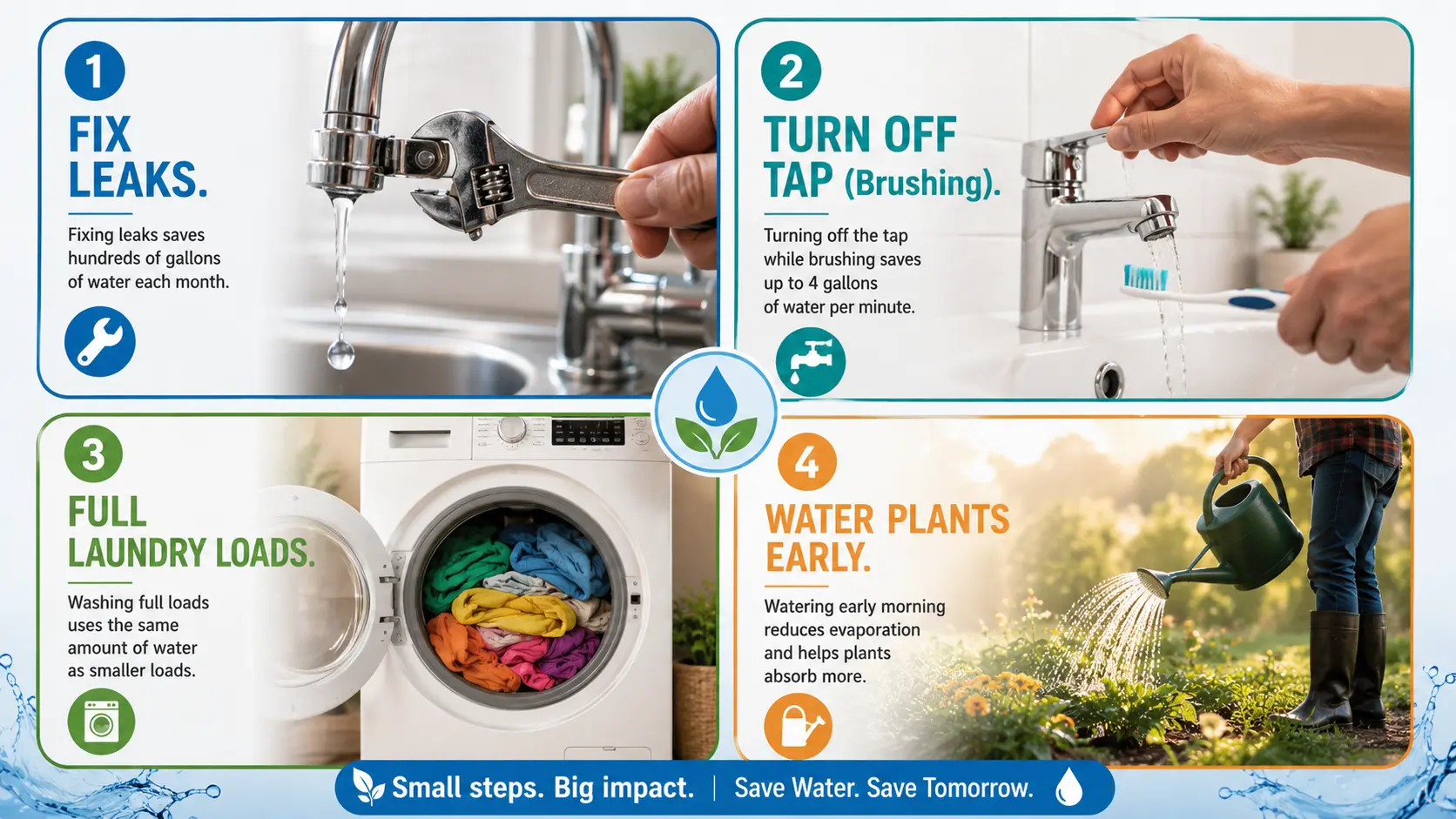 A 16:9 infographic showing four ways to save water at home: fixing leaks, turning off the tap while brushing, doing full laundry loads, and watering plants early in the morning.