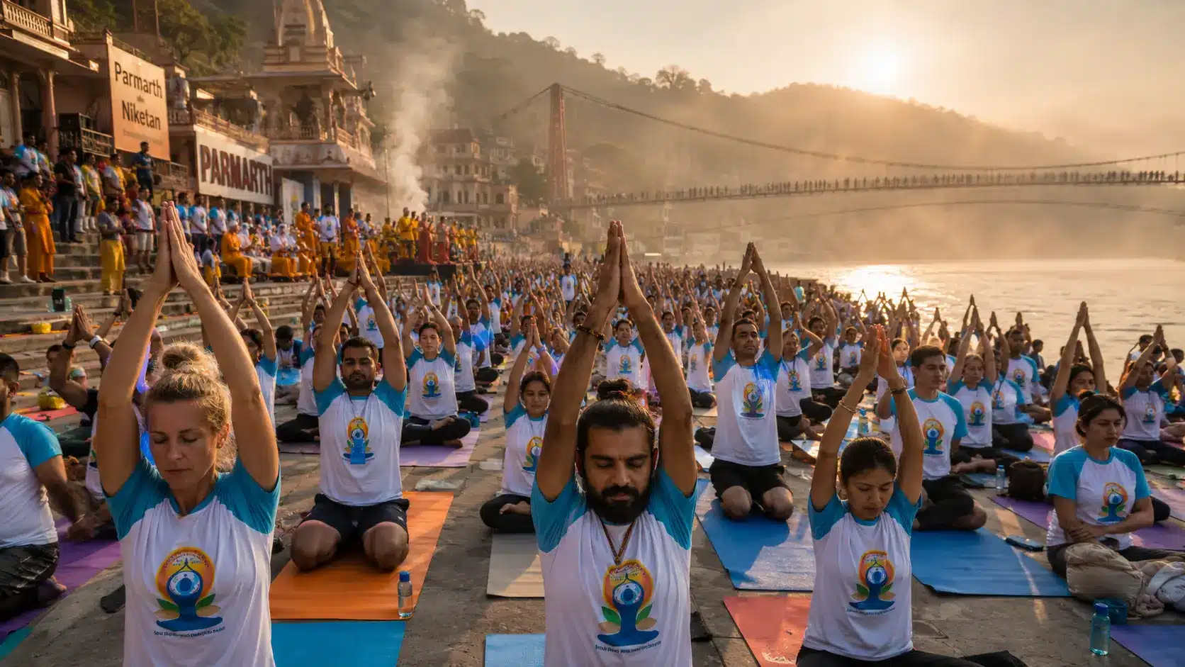 Mass crowd of people wearing white and cyan shirts practicing yoga on mats at dawn on the riverfront ghats of Rishikesh.