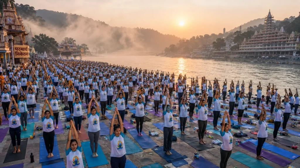 A vast, detailed morning gathering for the International Day of Yoga on the Ganges riverbanks in Rishikesh, showcasing rows of people practicing together on overlapping mats under soft dawn light.