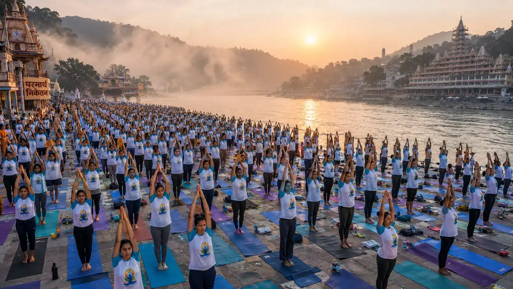 A vast, detailed morning gathering for the International Day of Yoga on the Ganges riverbanks in Rishikesh, showcasing rows of people practicing together on overlapping mats under soft dawn light.