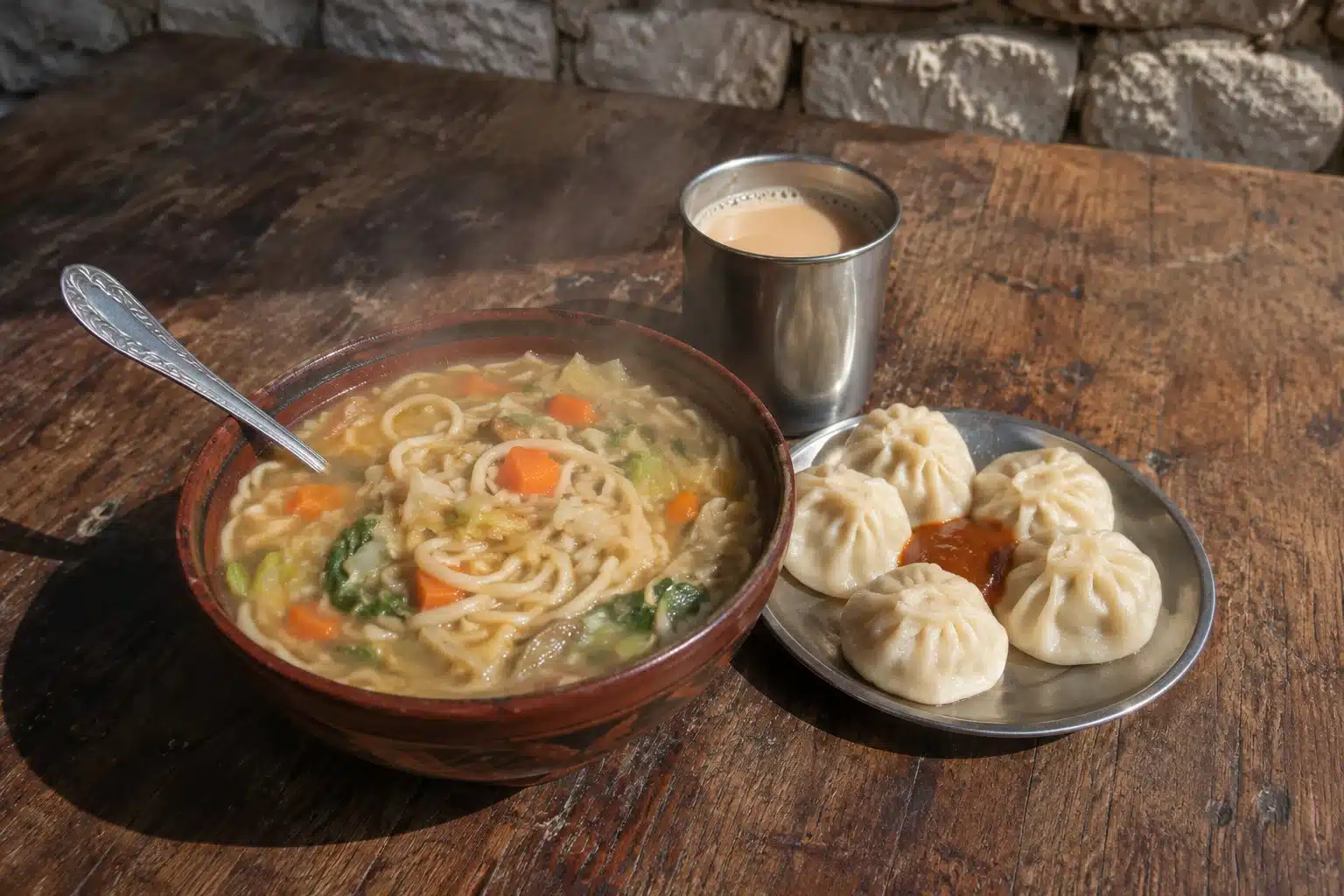 Traditional Ladakhi food Thukpa momos and butter tea at Hemis Festival food stalls