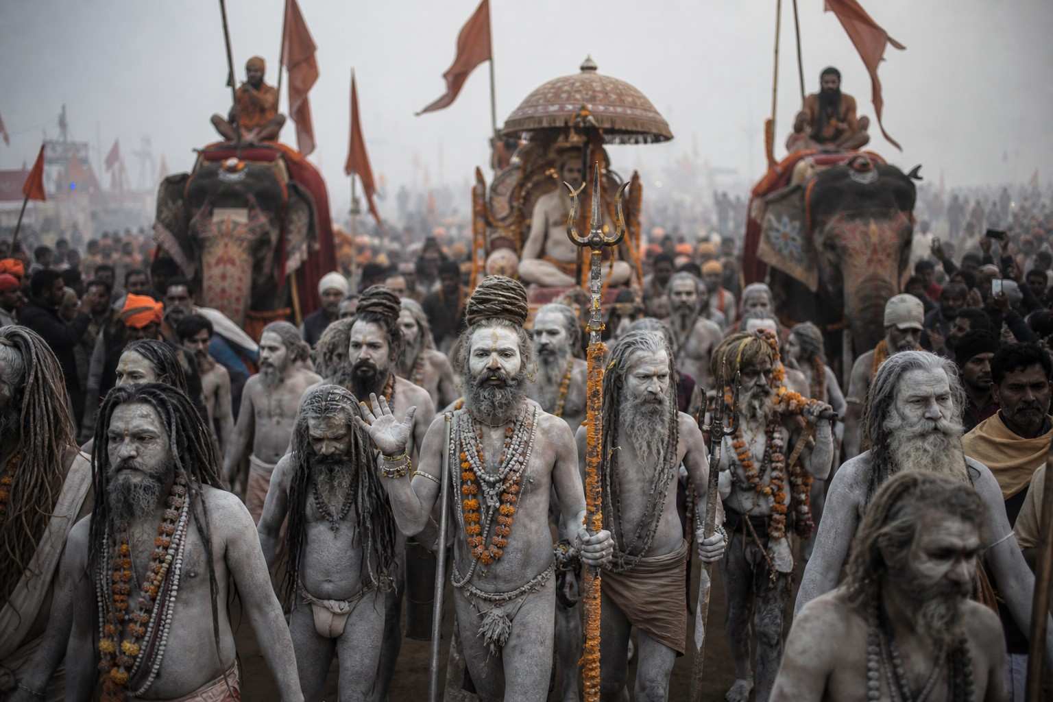 Naga Sadhus covered in ash leading Shahi Snan royal bath procession at Kumbh Mela with thousands of devotees