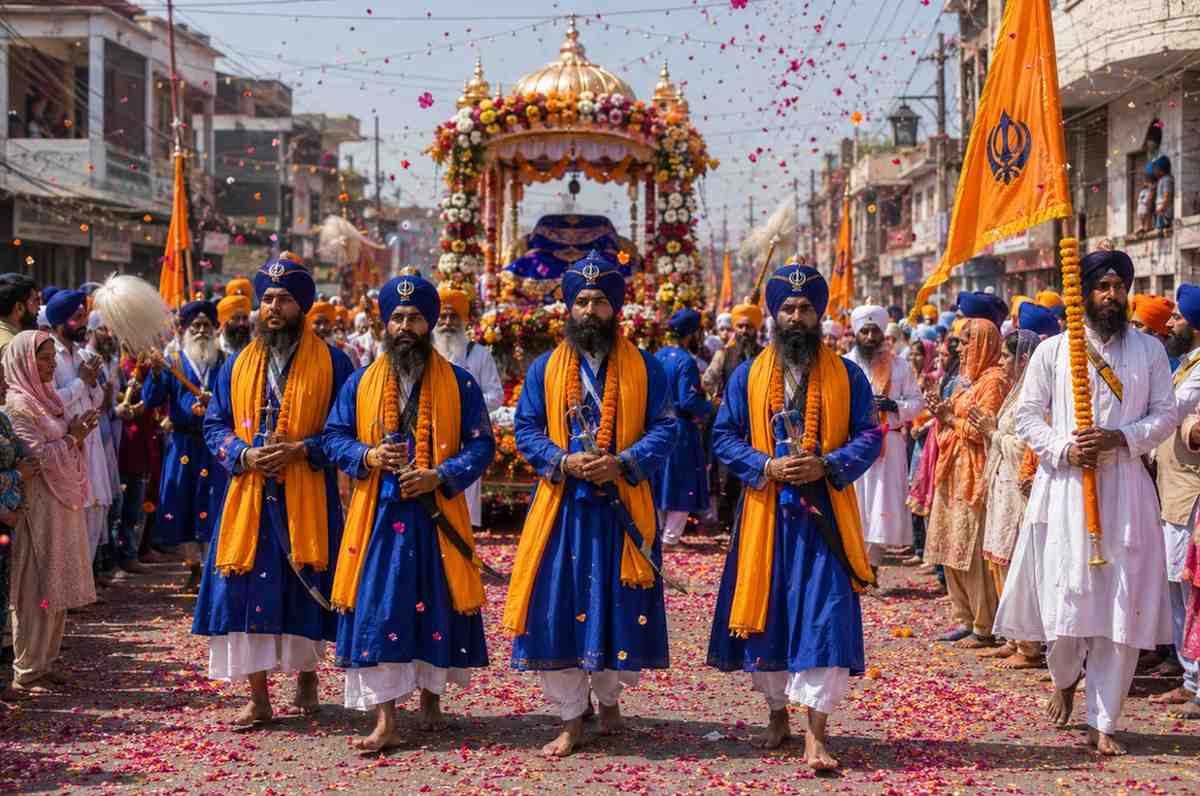 Sikh Nagar Kirtan procession during Baisakhi with Panj Pyare leading the parade