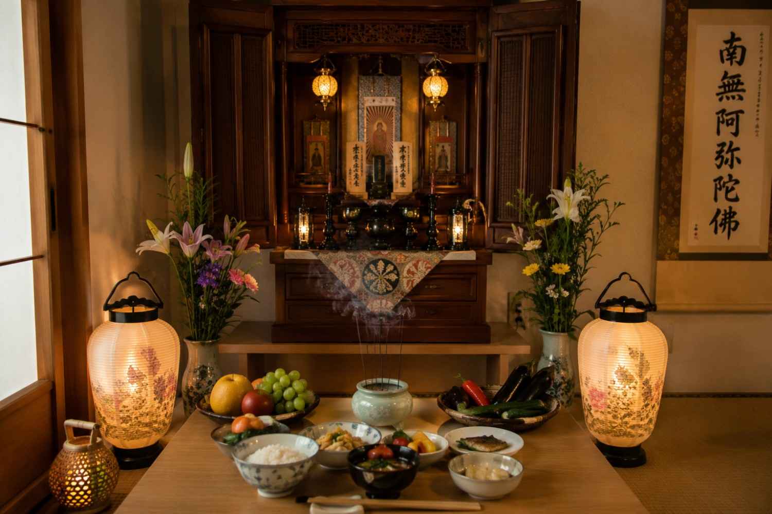 Traditional Japanese obon altar with food offerings, incense, and flowers inside a home