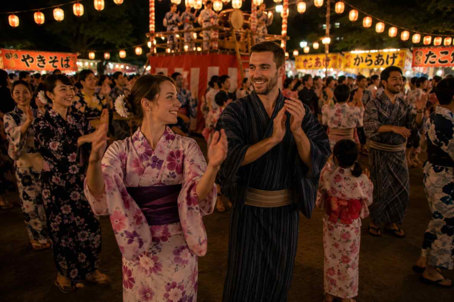 Foreign tourists wearing yukata joining bon odori dance at a Japanese obon festival