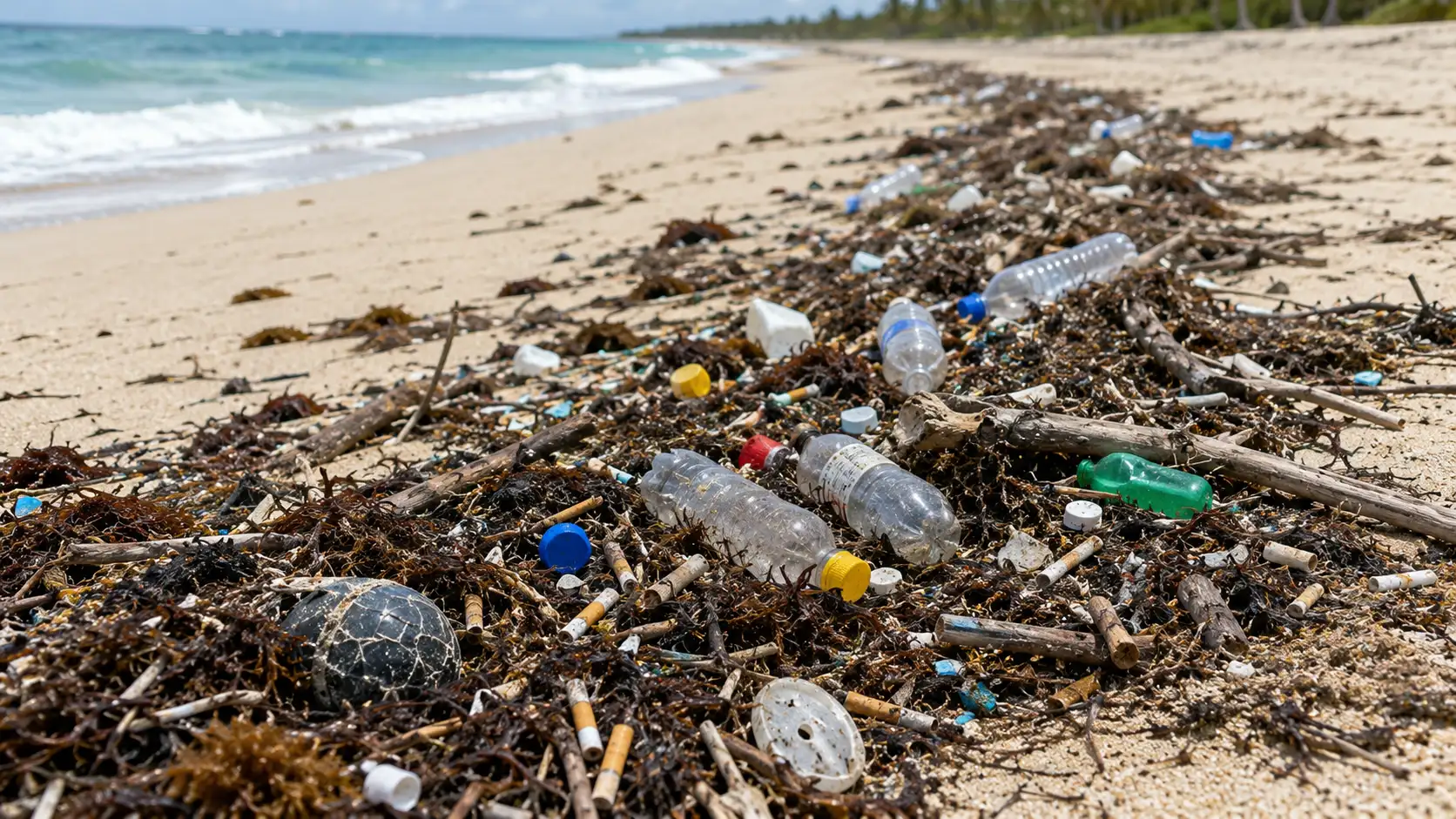 Detailed visual explaining where ocean plastic gets trapped in beach drift lines among seaweed and driftwood