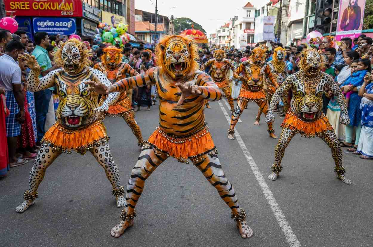 Pulikali performers with tiger body paint dancing on the streets of Thrissur during Onam festival