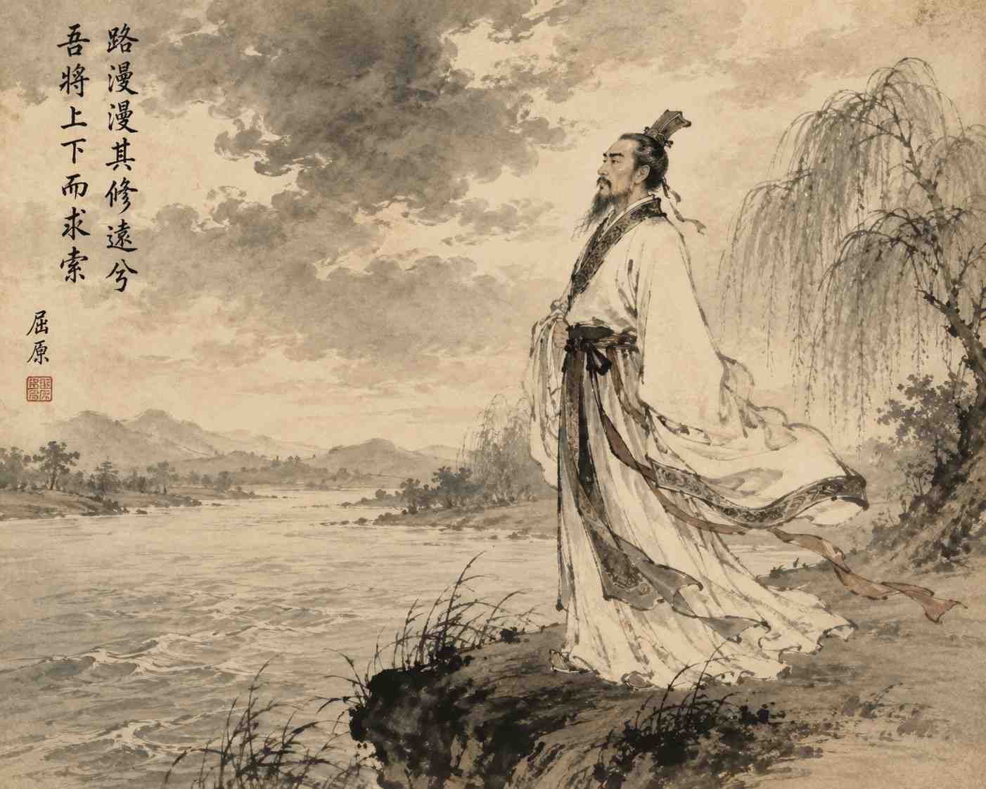 Qu Yuan poet standing at Miluo River bank during Warring States period China historical illustration