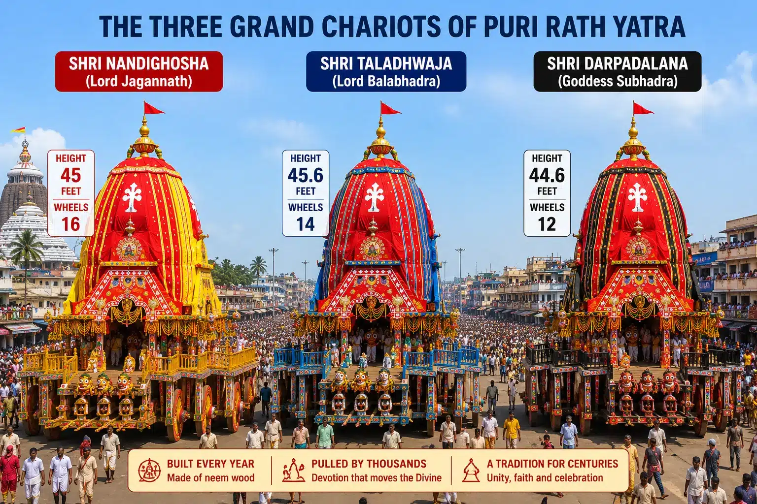 Three chariots of Rath Yatra 2026 - Nandighosa, Taladhwaja and Devadalana side by side