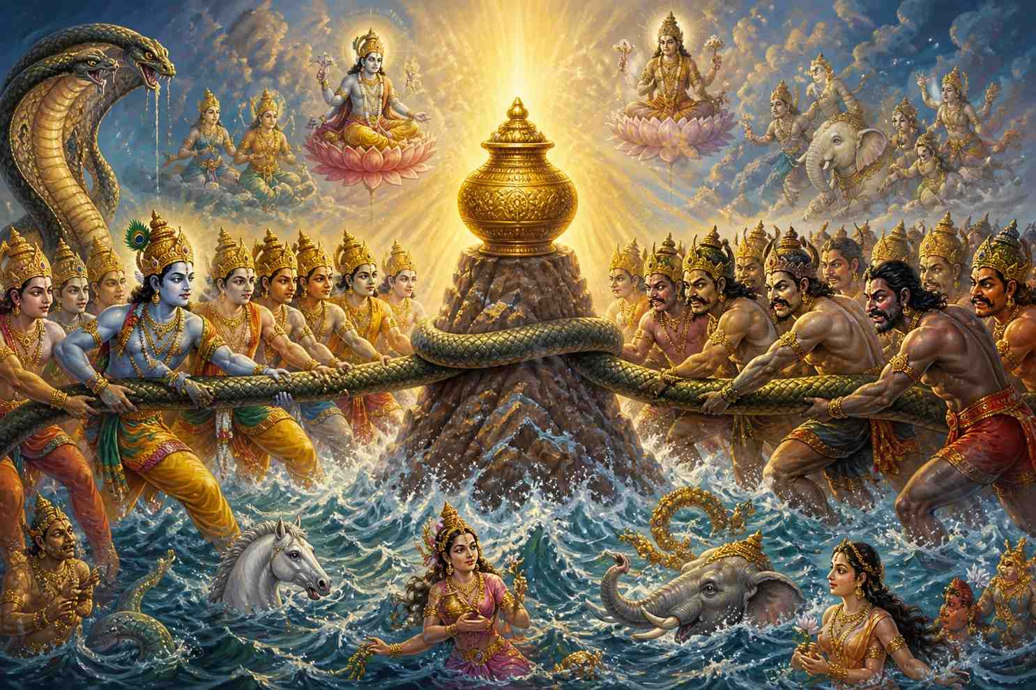 Ancient Hindu mythology illustration of Samudra Manthan showing gods and demons churning the cosmic ocean for Amrit