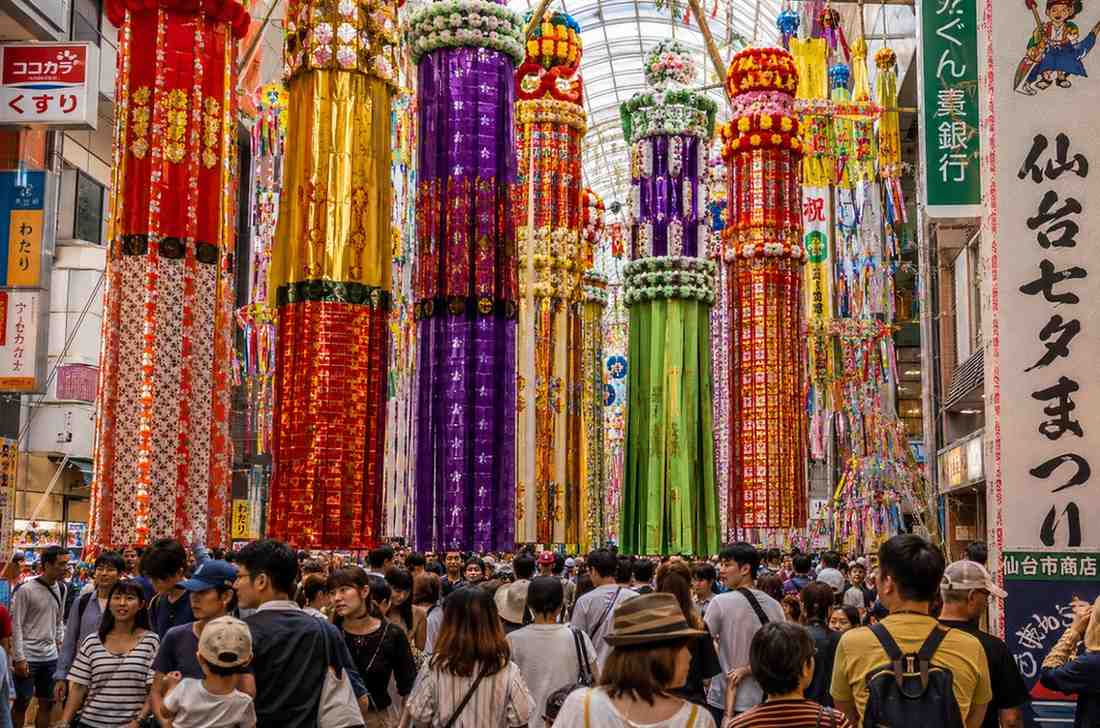 Giant tanabata decorations hanging inside Sendai shopping arcade during Sendai Tanabata Matsuri
