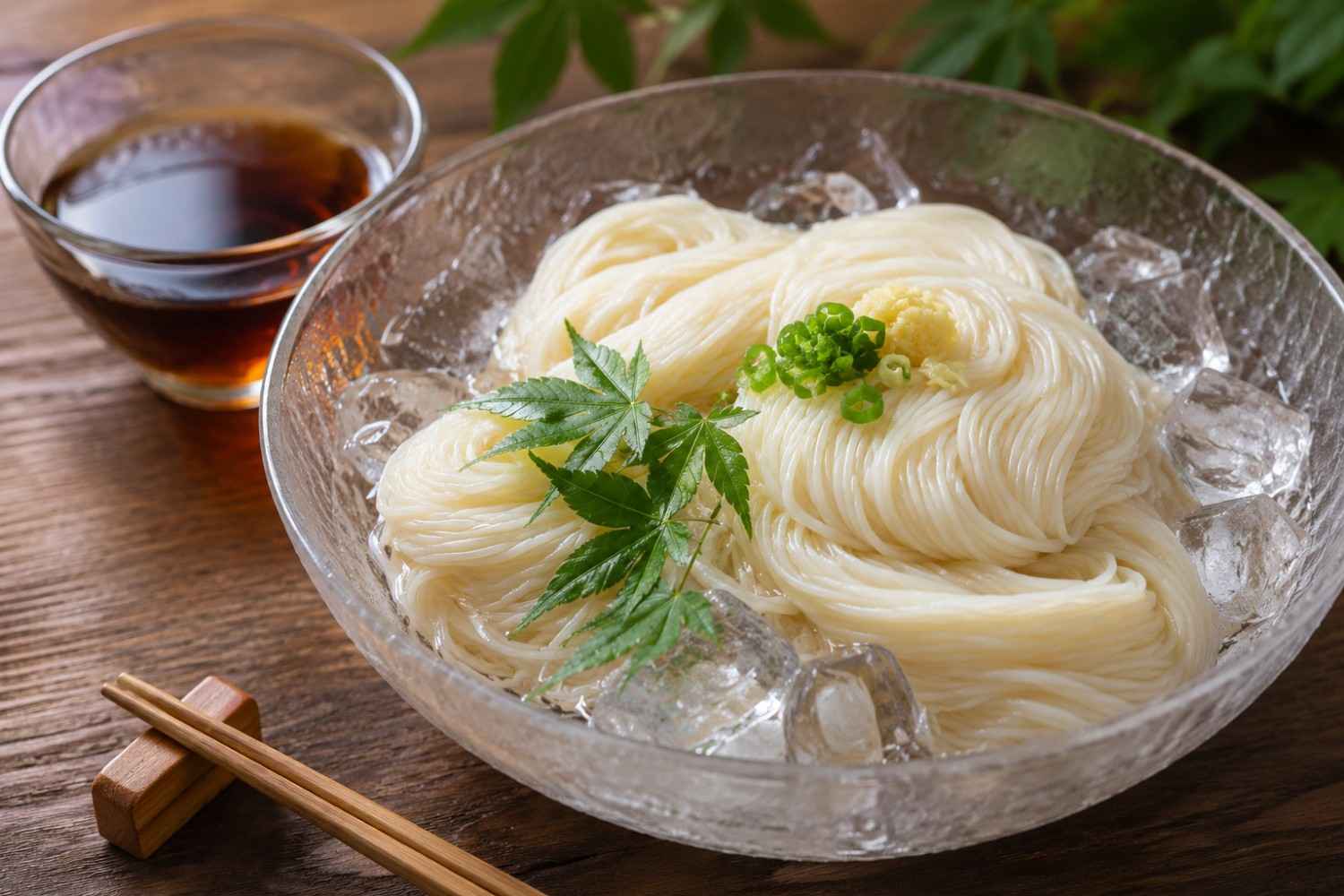 Cold somen noodles served in a glass bowl as traditional Tanabata festival food in Japan
