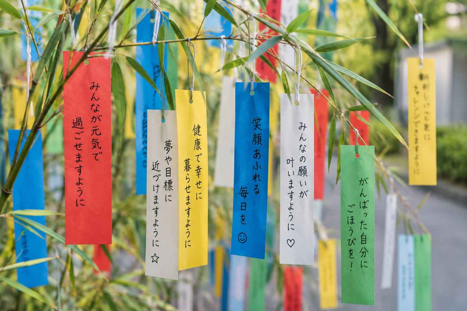Colorful tanzaku paper wish strips hanging on bamboo branches during Tanabata festival Japan