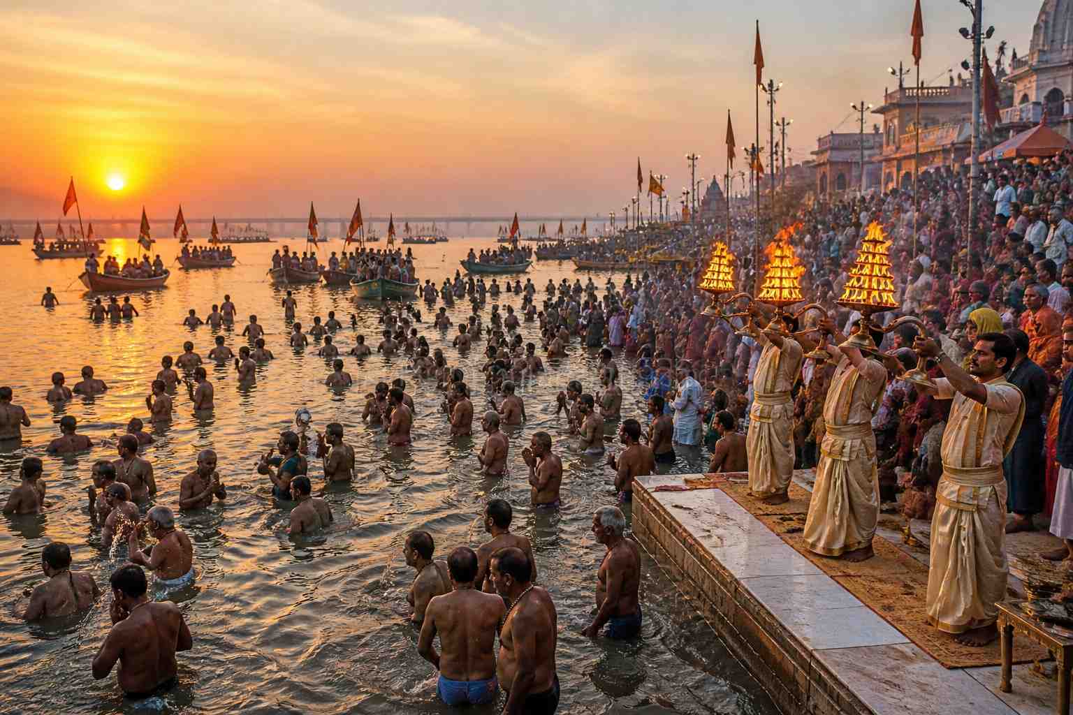 Hindu devotees bathing at Triveni Sangam confluence of Ganga Yamuna and Saraswati rivers at Kumbh Mela Prayagraj
