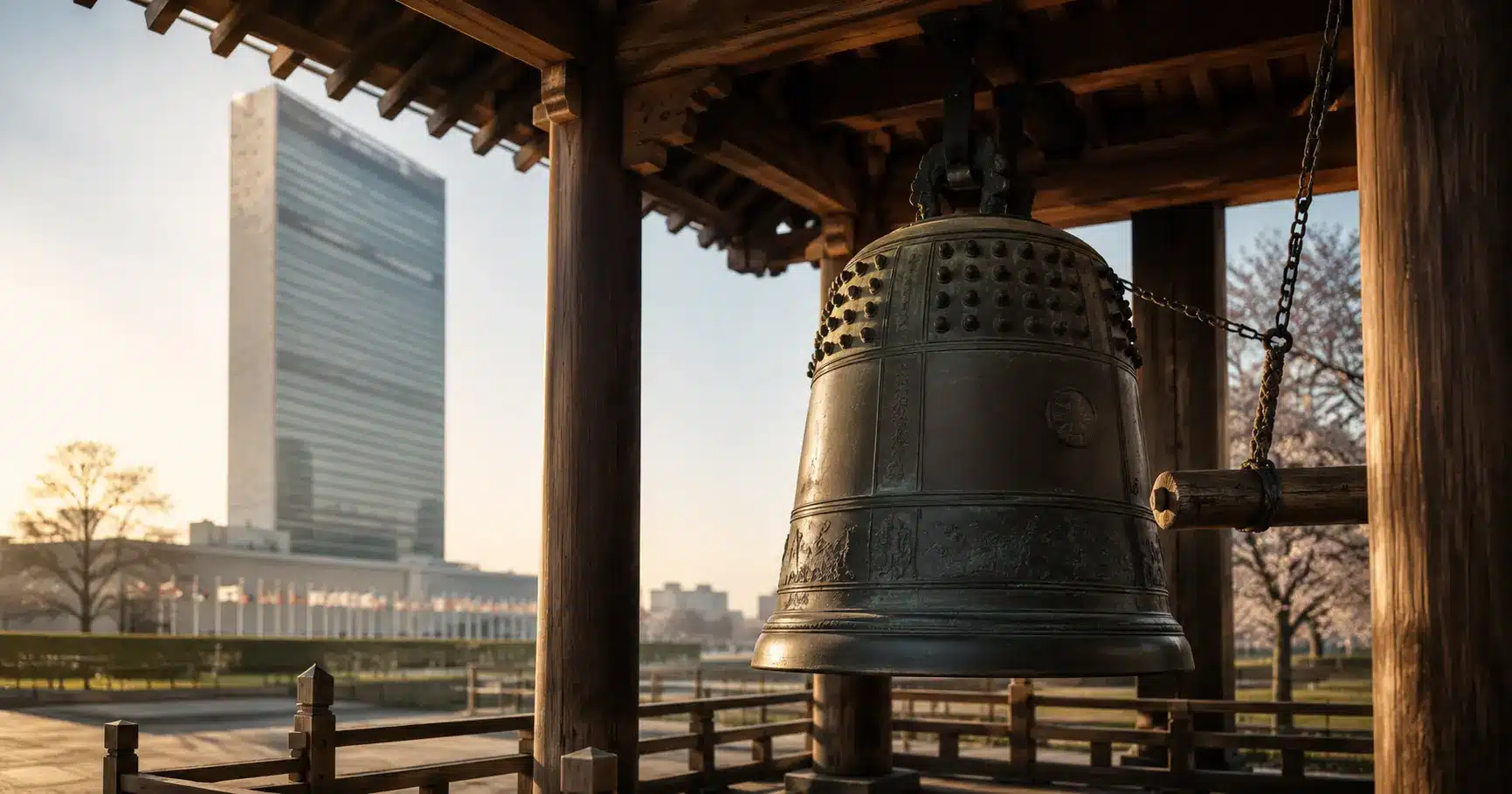 The United Nations Peace Bell monument used to mark the International Day of Peace.
