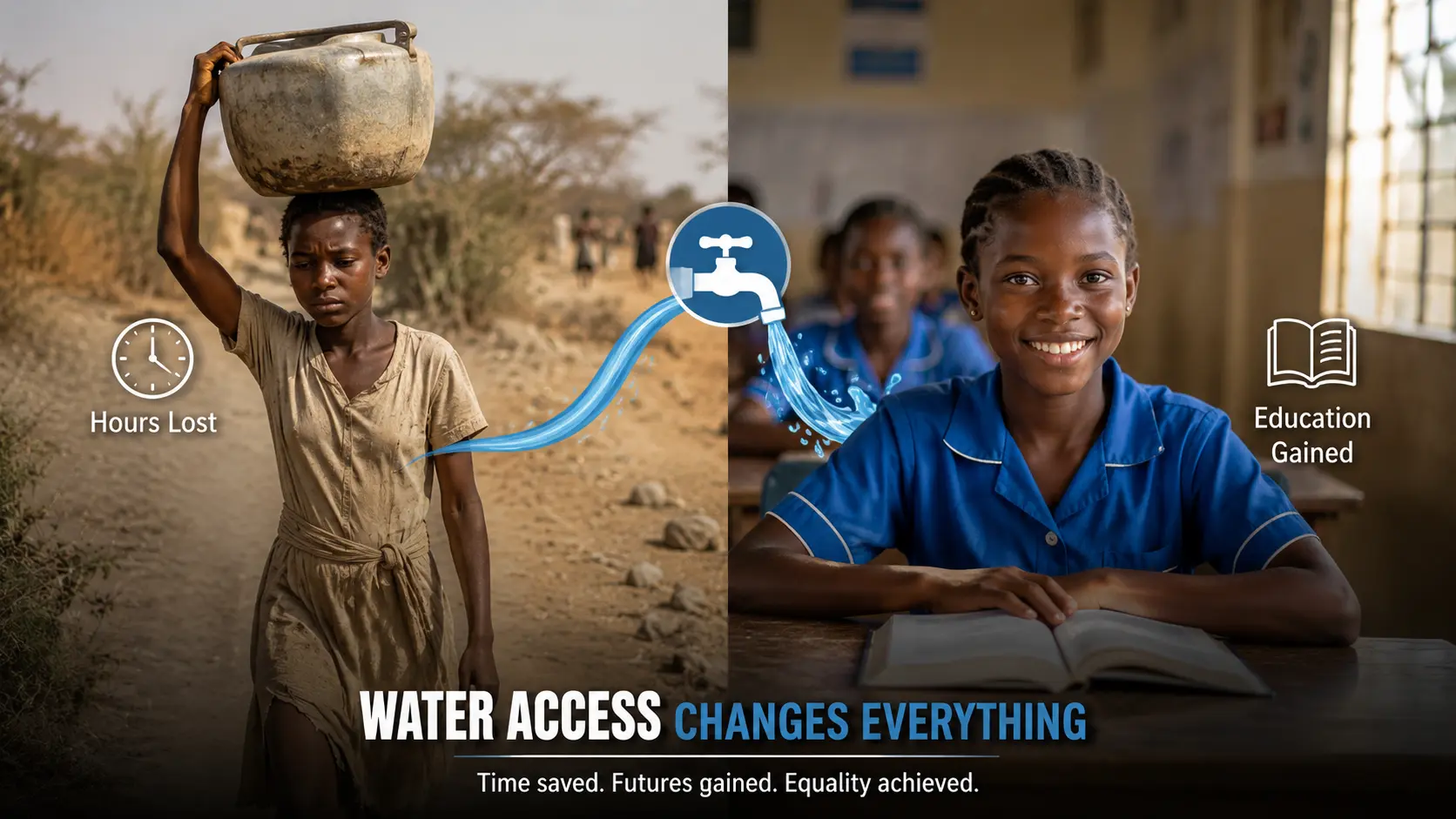 A visual comparison of a young girl carrying heavy water and the same girl studying in a classroom, showing how clean water access supports education and gender equality.