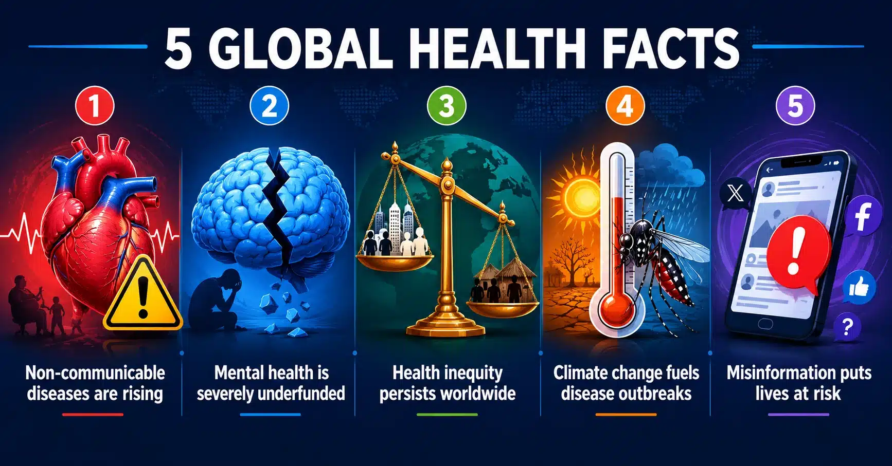 World Health Day 2026 key health data — non-communicable diseases, mental health, health inequity, climate change, misinformation