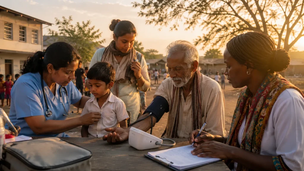 World Health Day 2026 hero image — community health camp with nurse, child, and elderly patient in warm natural light