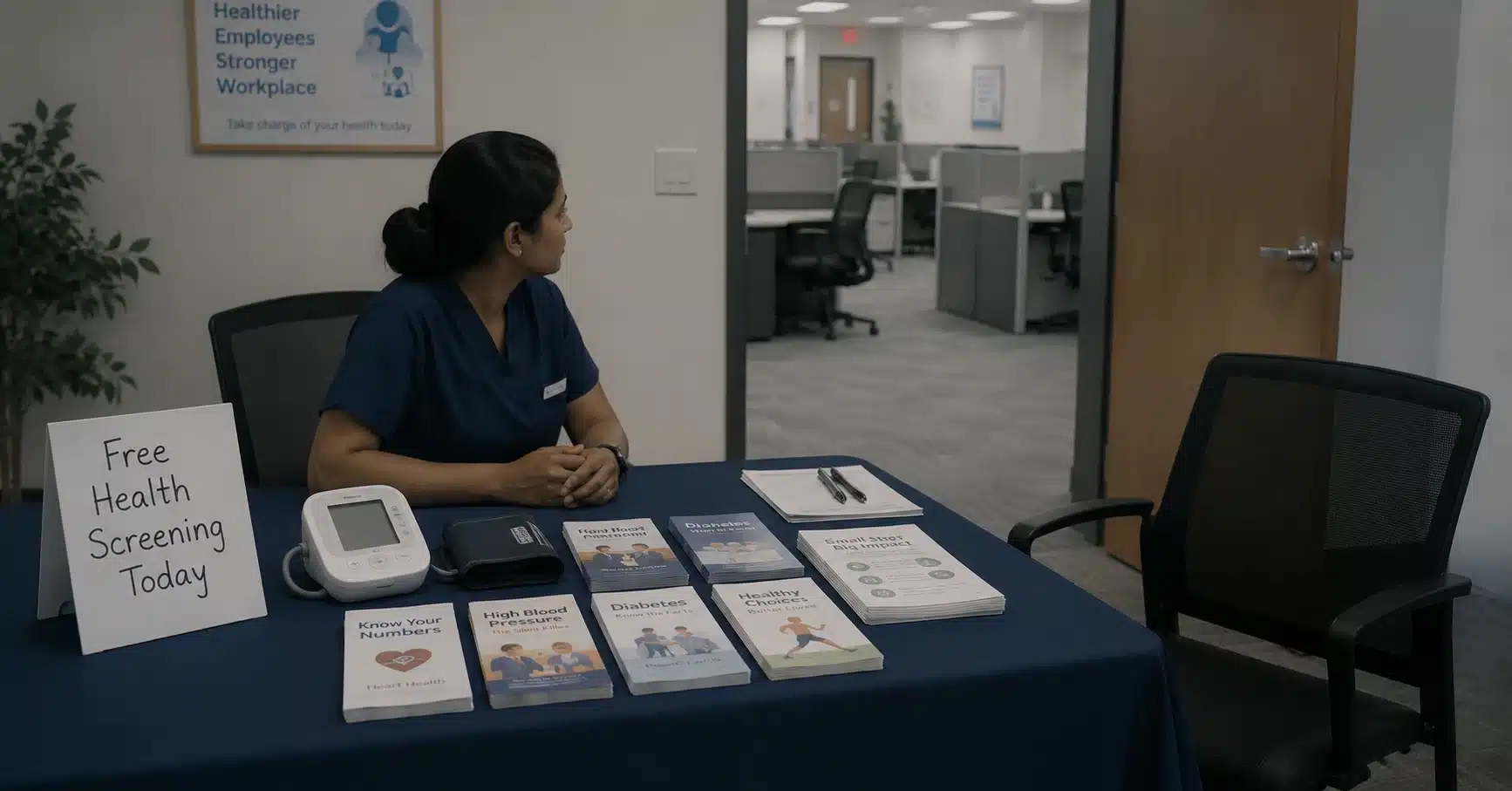 Empty workplace health screening booth on World Health Day — free checkup ignored by employees