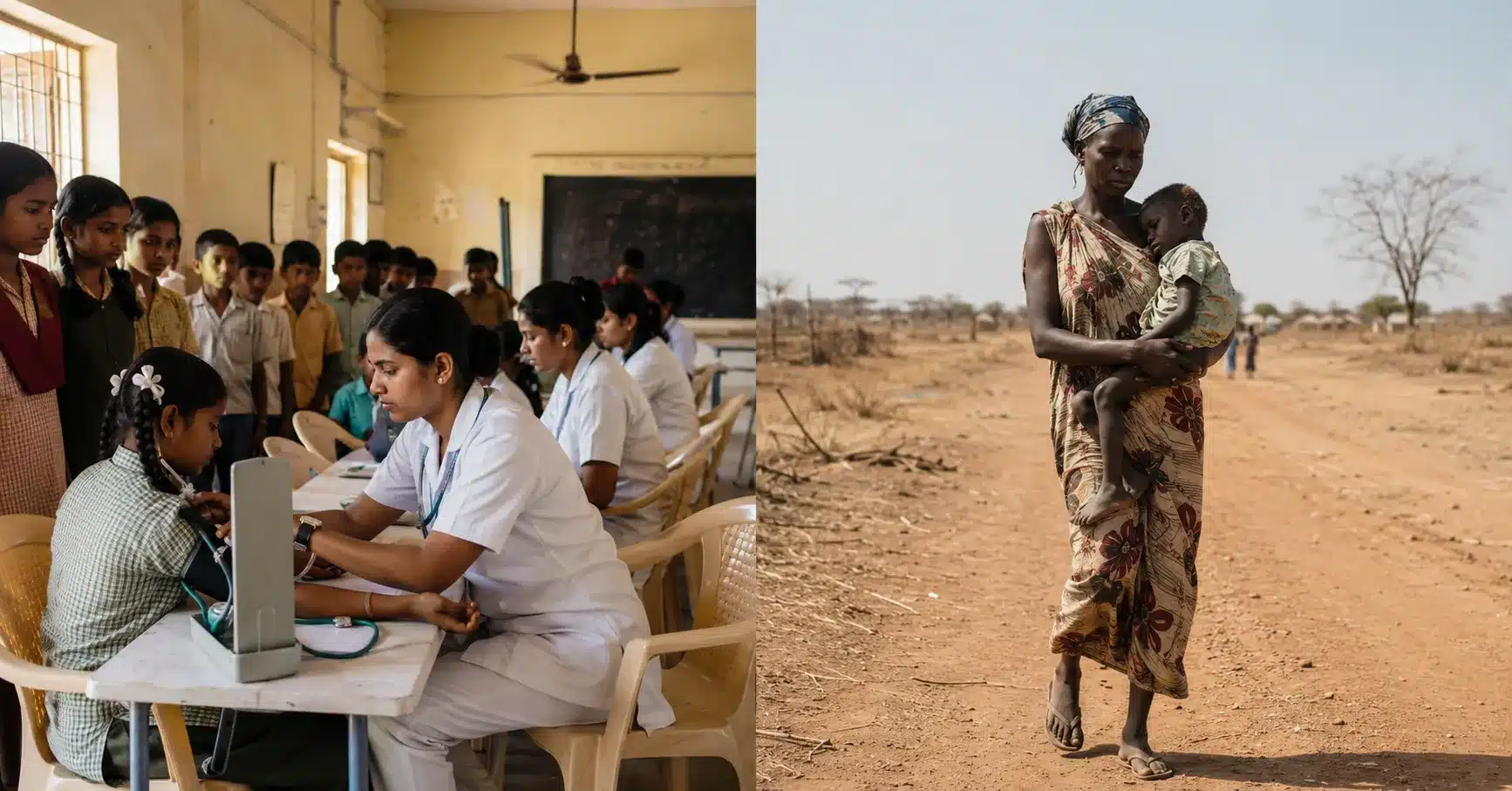 World Health Day ground reality — health screening in rural India vs a mother walking to clinic in South Sudan