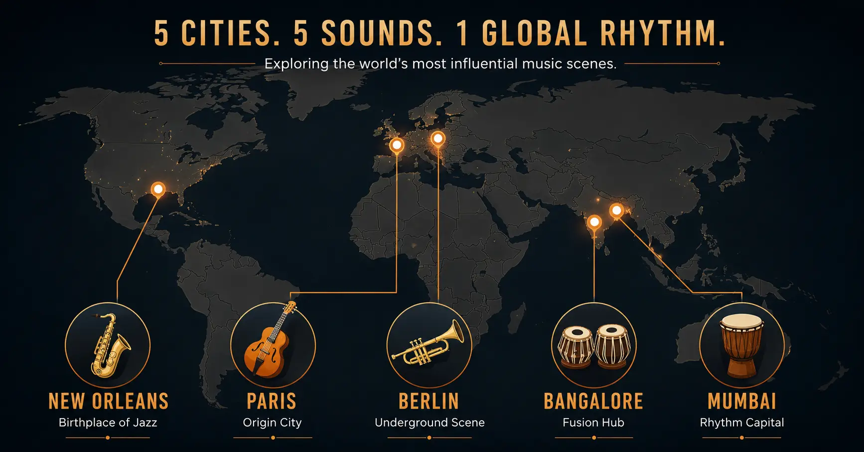 Infographic showing best cities for World Music Day including Paris Berlin New Orleans Bangalore