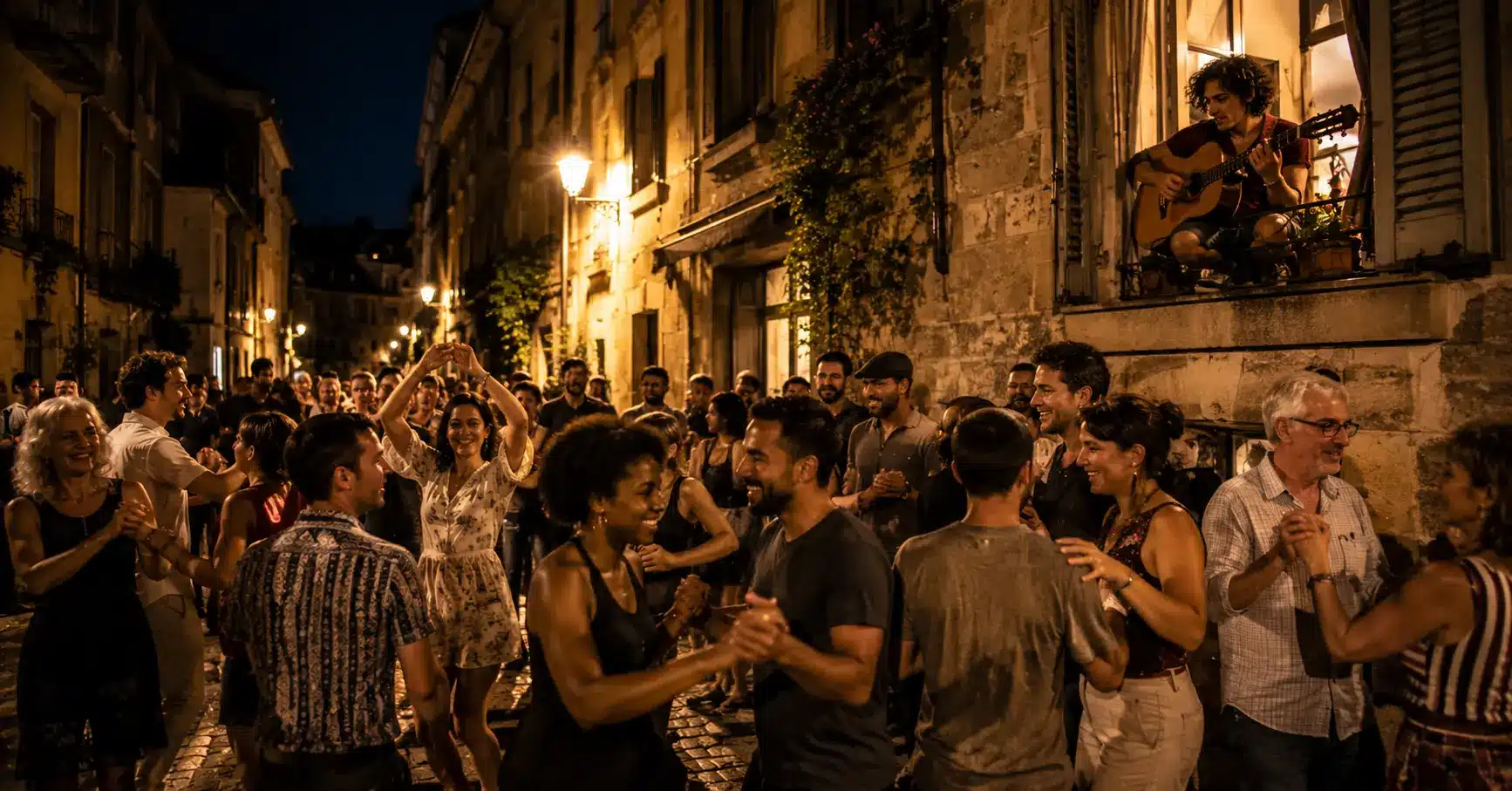 People dancing together on a street during World Music Day with no tickets or corporate branding