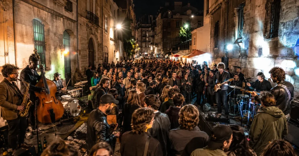Musicians performing on a crowded Paris street on World Music Day June 21