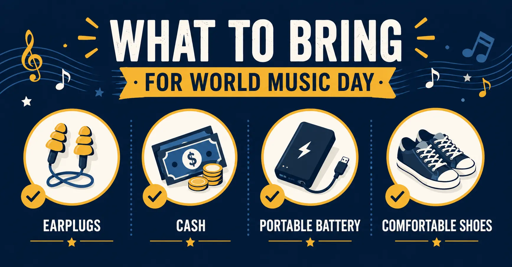 World Music Day preparation checklist showing earplugs cash portable battery and street food