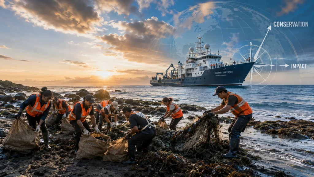 A dramatic, wide-angle hero banner showing volunteers cleaning a rugged beach and pulling a ghost net with a large ocean research vessel in the background under a cloudy sky.