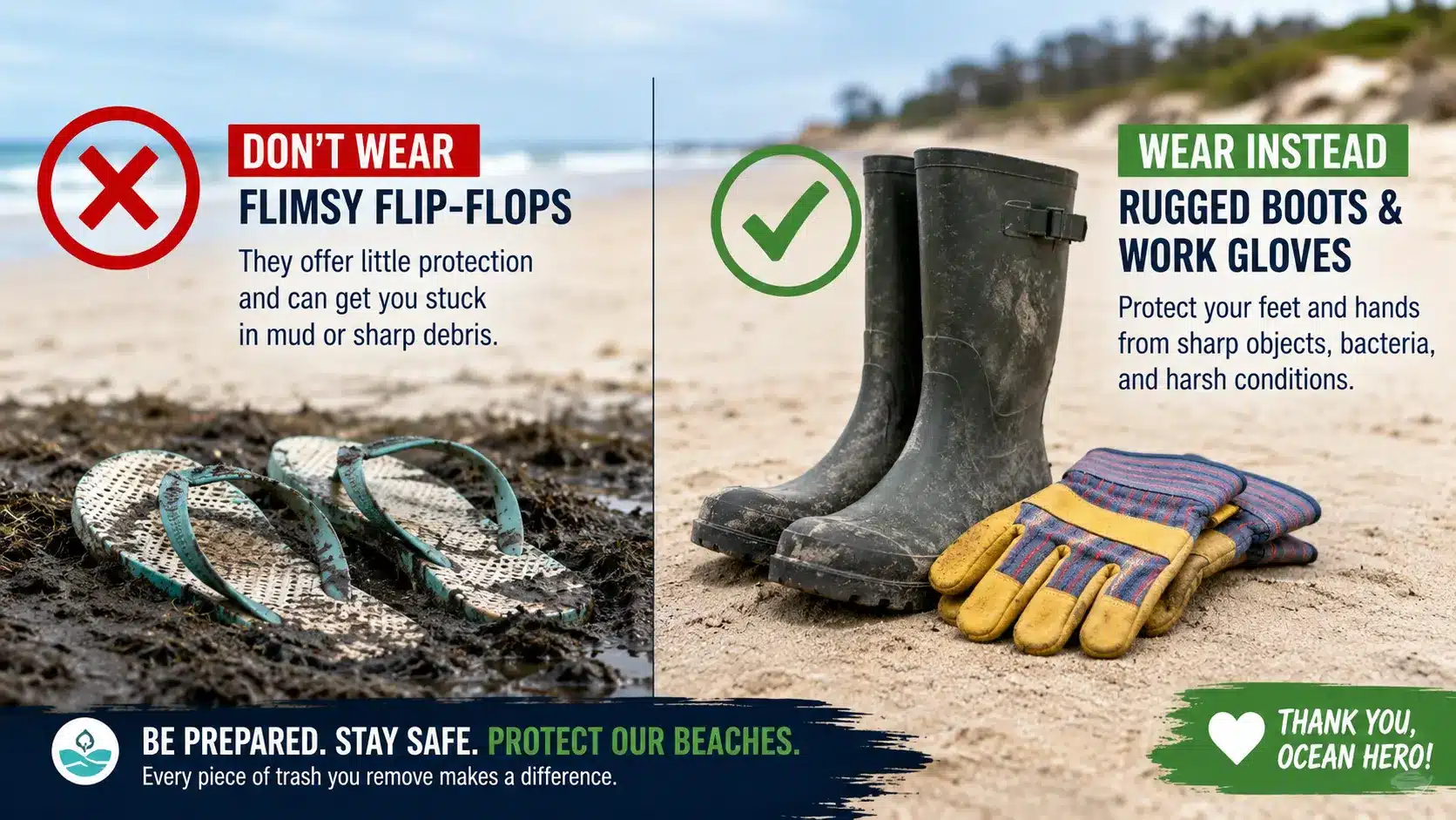 Essential protective volunteer gear guide for World Oceans Day beach cleanup including rugged boots and heavy-duty gloves.