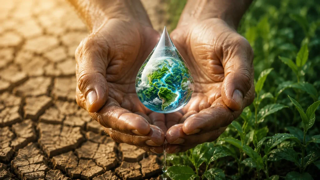Hands holding a clean drop of water containing a green Earth, showing the message of global water preservation for World Water Day 2027.