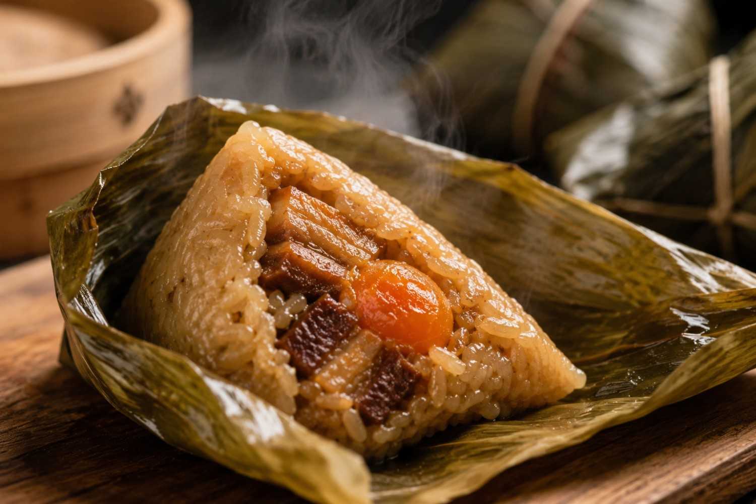 Traditional zongzi glutinous rice dumplings wrapped in bamboo leaves for Dragon Boat Festival