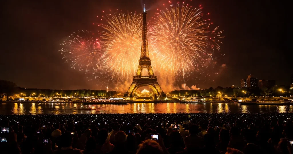 Bastille Day 2026 Eiffel Tower fireworks display with crowd watching in Paris