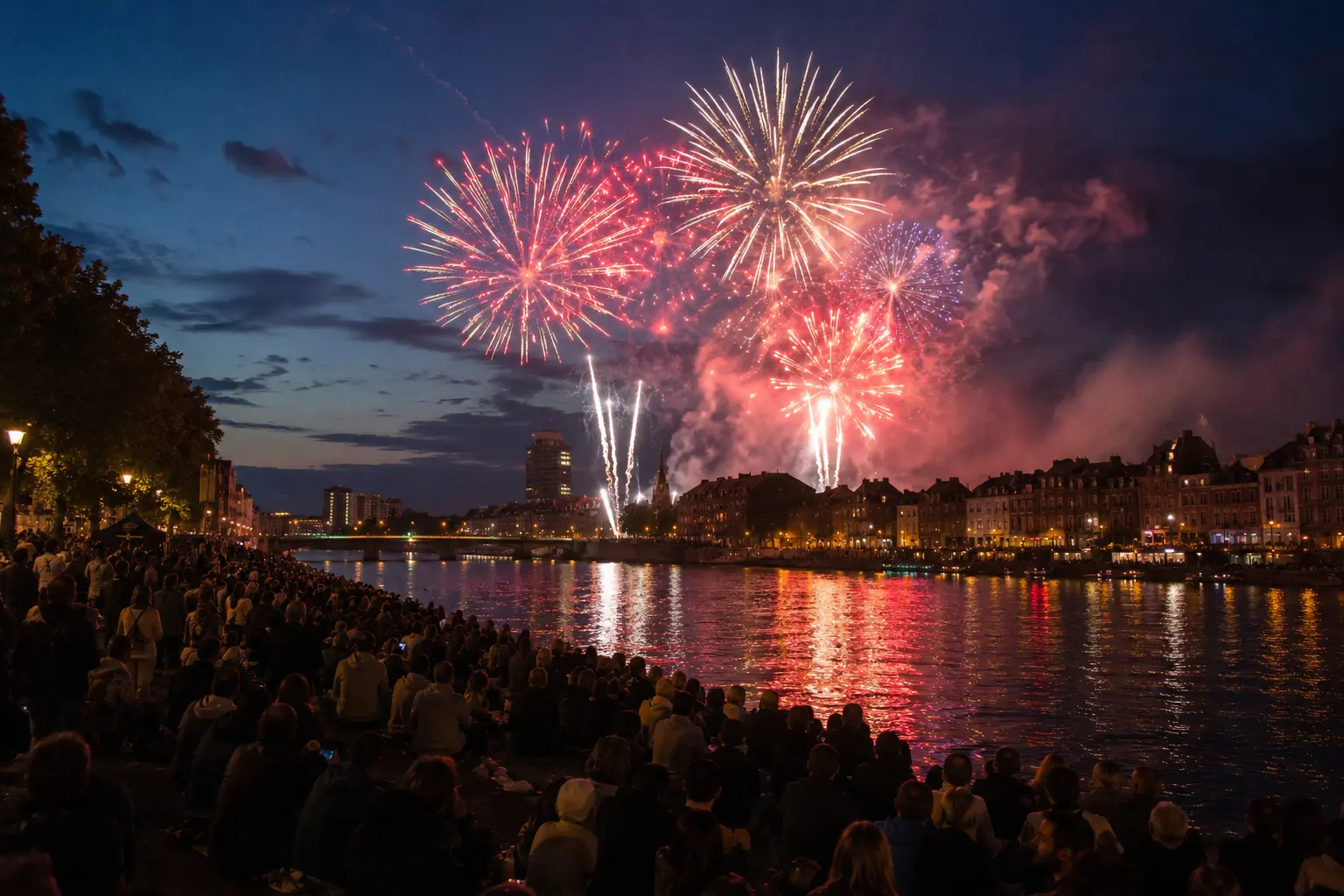 Bastille Day fireworks celebration along the Meuse river in Liège Belgium