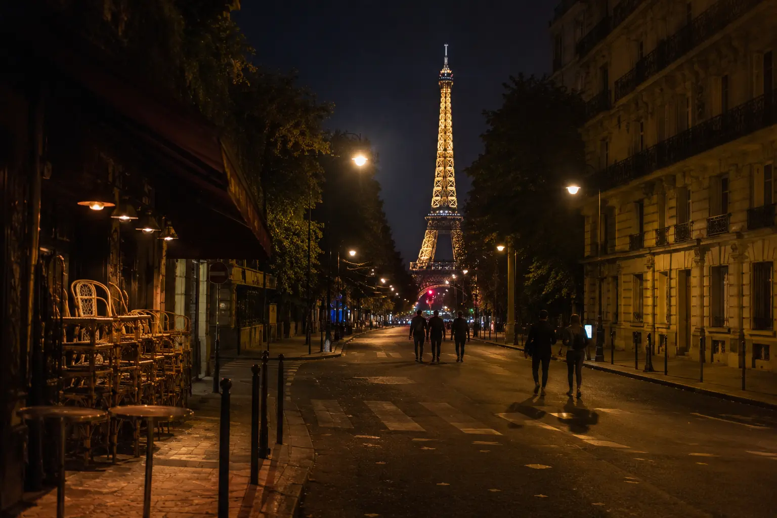 Quiet Paris streets with Eiffel Tower glowing after Bastille Day 2026 fireworks end