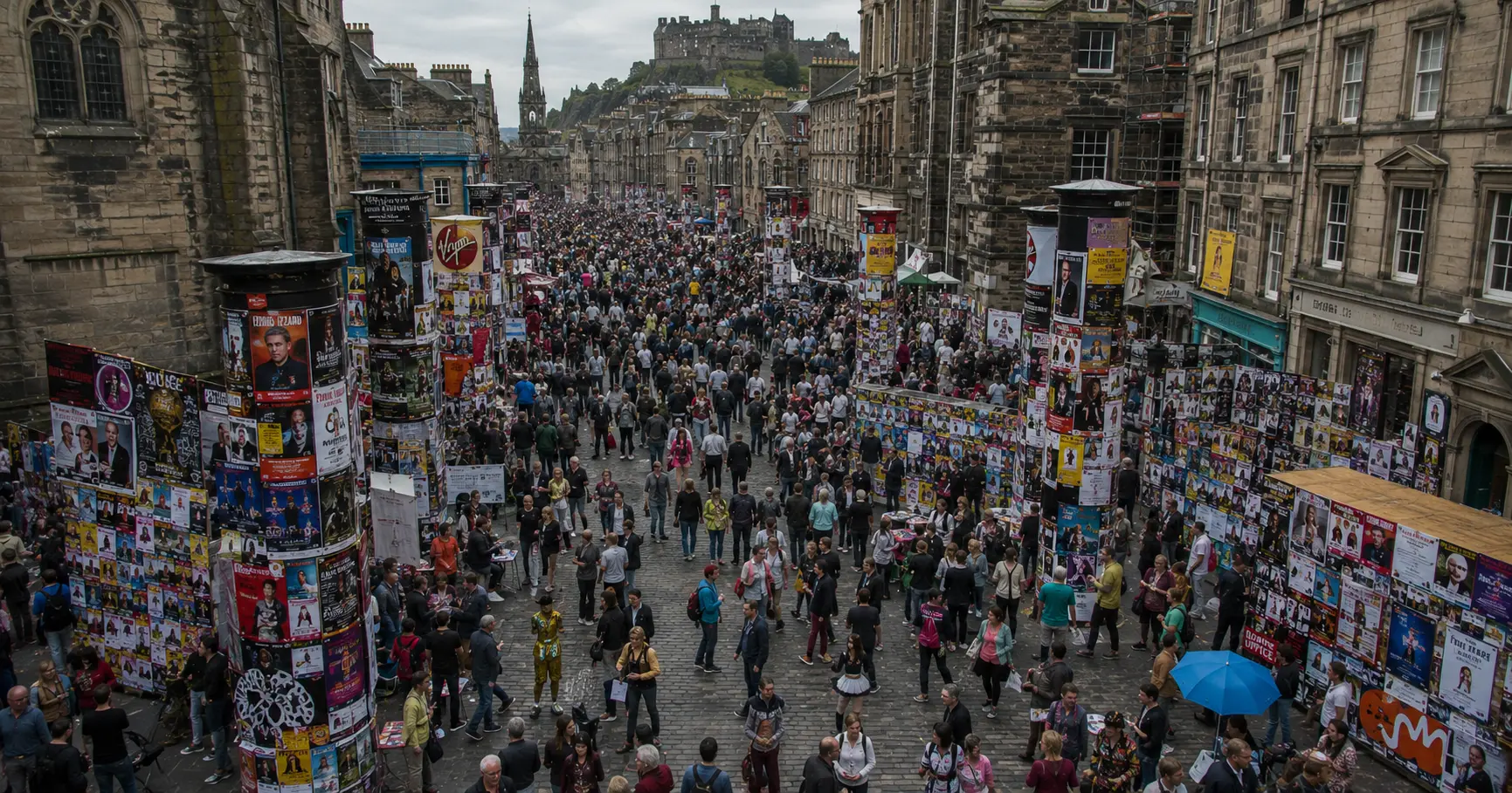 Edinburgh Festival Fringe 2026 — streets covered in show posters and banners showing 3649 shows scale