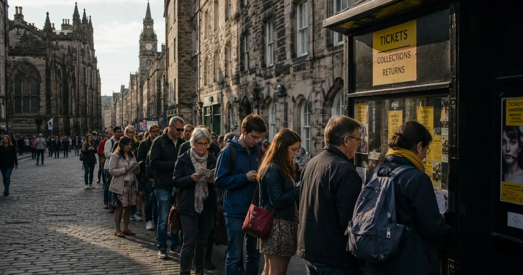 Edinburgh Festival Fringe 2026 — Half Price Hut ticket queue at 180 High Street Royal Mile
