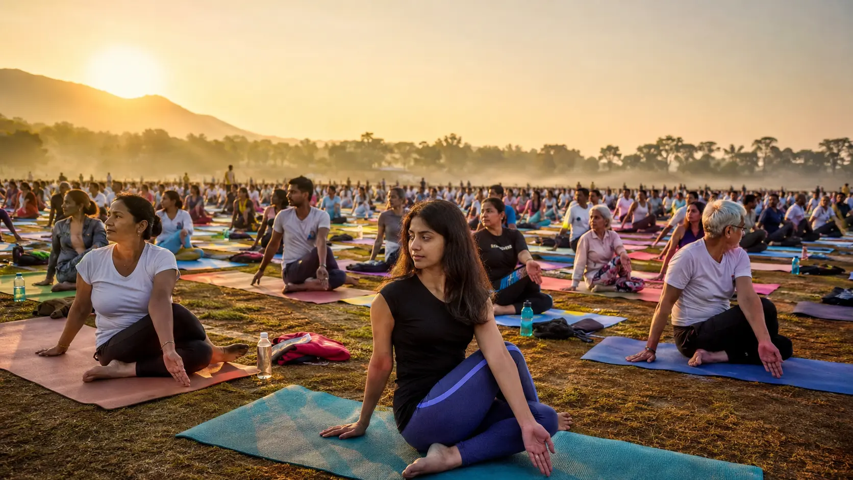 Hundreds of people practicing yoga on colorful mats during an International Yoga Day event at sunrise. Golden morning sunlight illuminates participants performing yoga poses in a large open field, creating a peaceful and inspiring atmosphere.