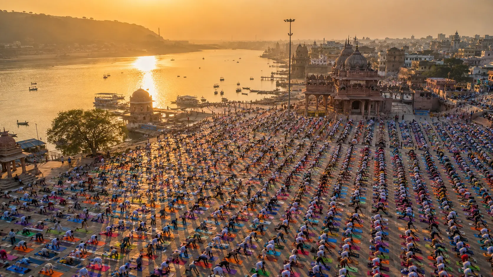 Aerial view of thousands of participants performing Surya Namaskar on colorful yoga mats along a scenic Indian riverfront during International Yoga Day. Warm sunrise light reflects across the water, highlighting the scale of the celebration.